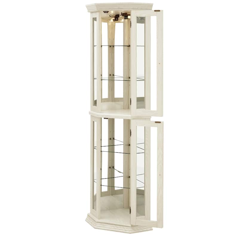 Lighted Corner Curio Display Cabinet, Wooden Curio Cabinet with Mirrored Back Panel, Bar Cabinet with Tempered Glass Doors