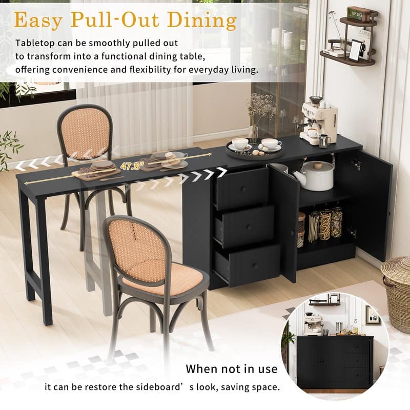 Multifunctional 89.7" Wooden Sideboard with Extendable Table and Storage for Living Room Organization