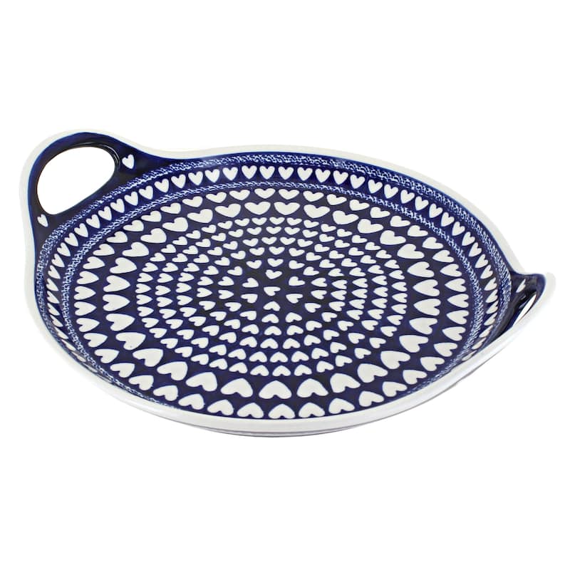Blue Rose Polish Pottery 1333 Zaklady Round Serving Tray with Handles - Valentina