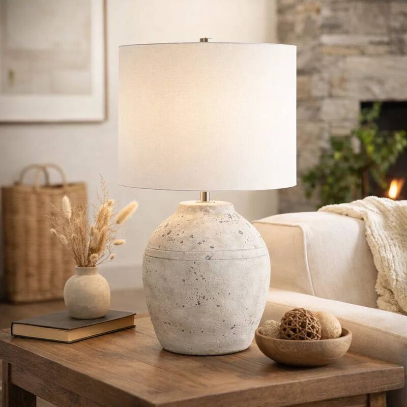 Table Lamp, Round Linen Shade, 24 Inch Distressed White Ceramic Body