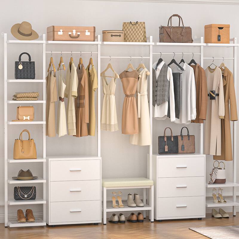 96'' Closet Organizer System with 6 Drawers, Clothing Rack Wardrobe Closet Garment Rack for Walk In Closets - White