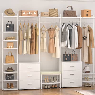 96'' Closet Organizer System with 6 Drawers, Clothing Rack Wardrobe Closet Garment Rack for Walk In Closets