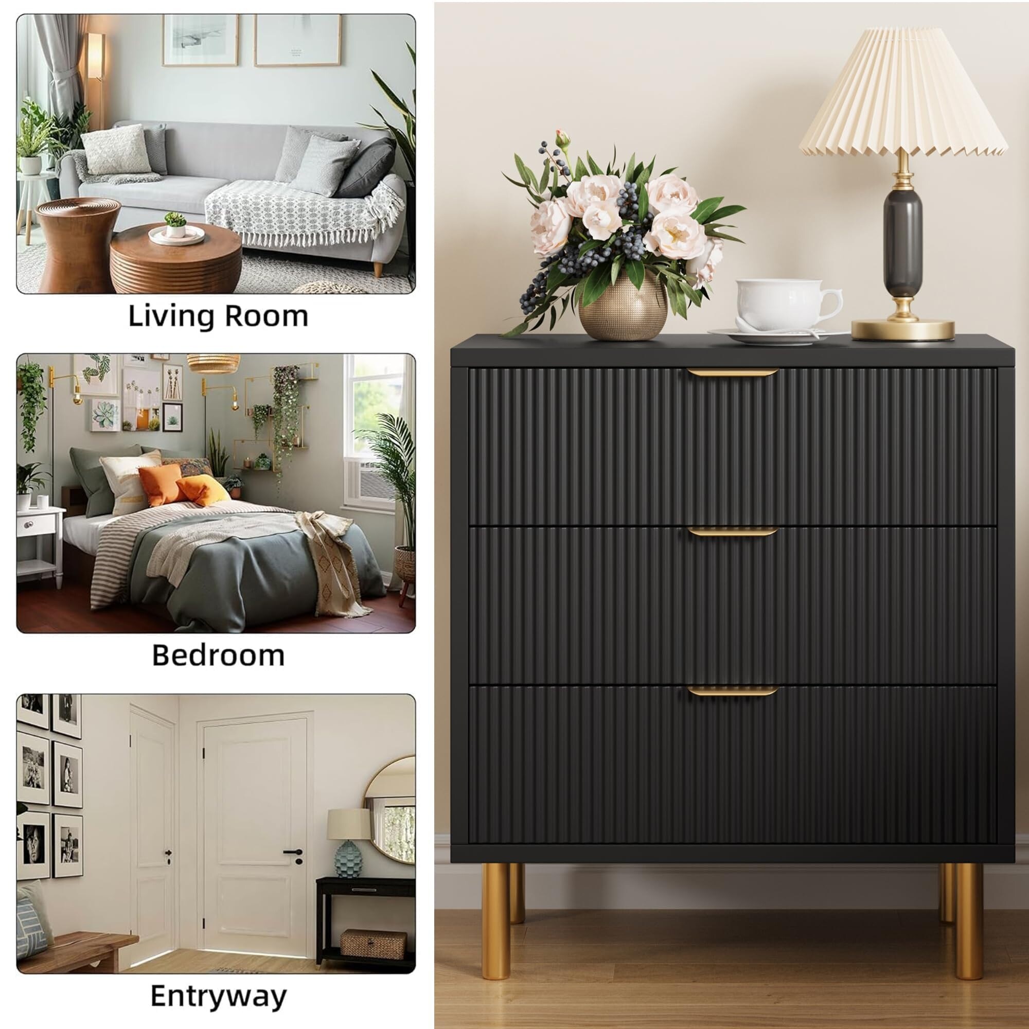 Black Dresser, Modern 3 Drawer Dresser for Bedroom with Gold Handle and  Large Drawer, Wood Double Chest - On Sale - Bed Bath & Beyond - 41588130