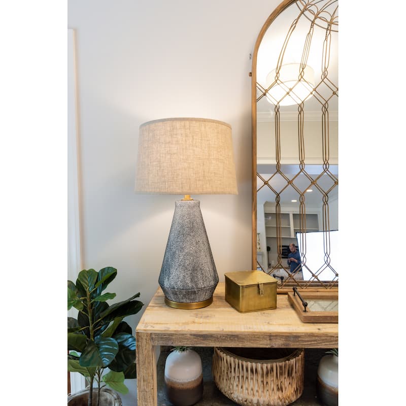 Textured Blue Glaze Ceramic Table Lamp with Natural Linen Shade