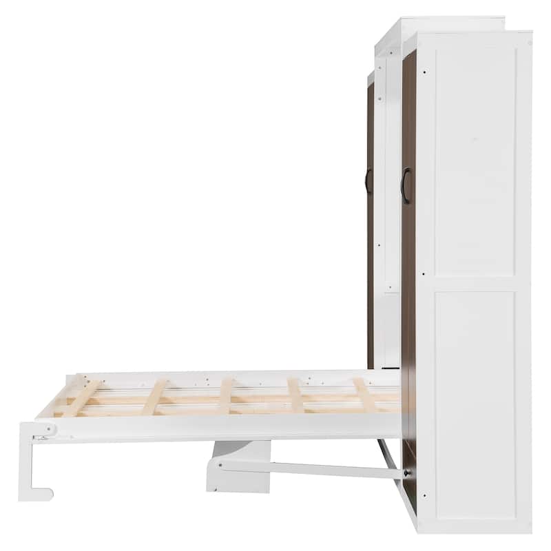Queen Size Foldable Wall Bed with Built-In Desk, Closet, and Drawers in White
