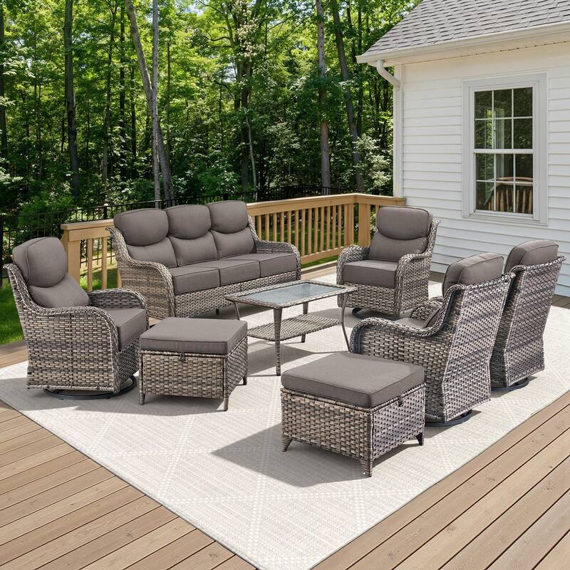 Arcadia 8-Piece Wicker Patio Conversation Set with Swivel Gliders and 6-Inch Thick Olefin Cushions
