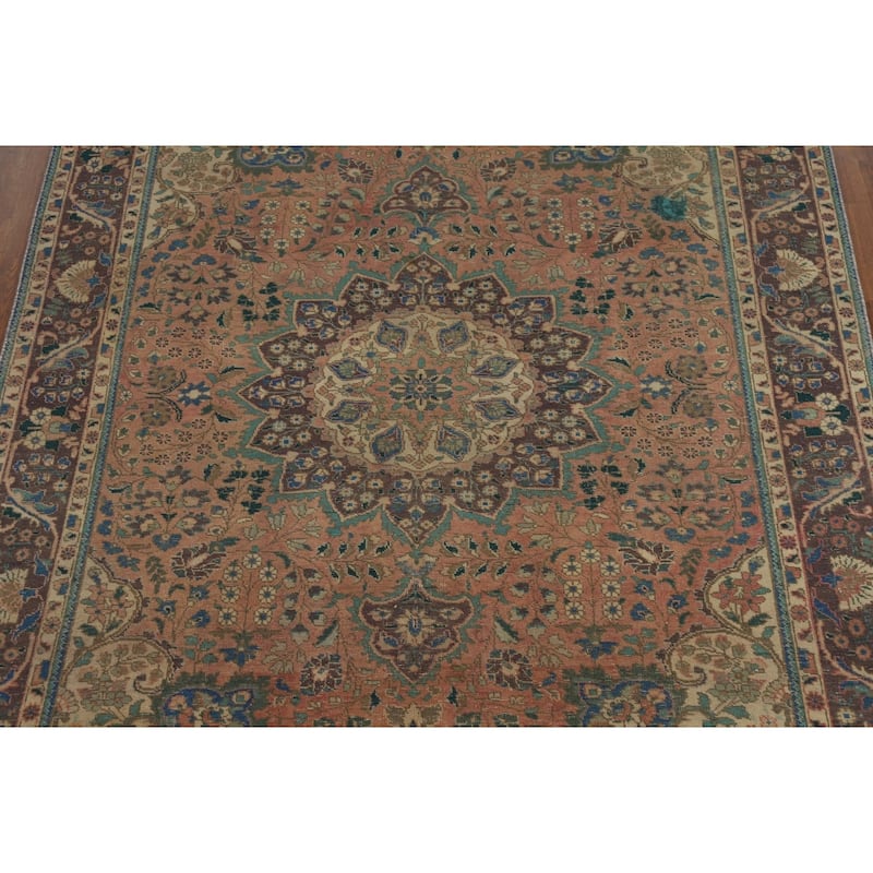 Medallion Tabriz Persian Vintage Rug Hand-Knotted Pink Wool Carpet - 6'10" x 9'8"