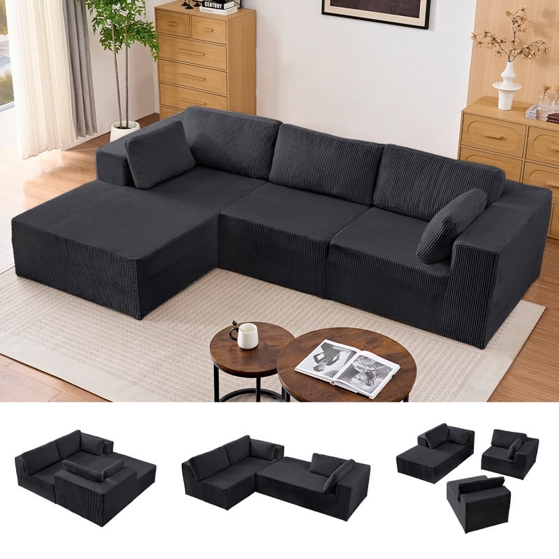 Mixoy 3-Pcs Free Combination Modular Sectional Sofas,Corduroy Compressed L-Shaped Sofa with Flexible Configuration - 3-Seater - Dark Grey - Reversible