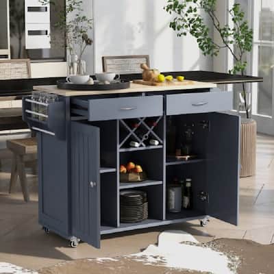 Kitchen Island Cart with Two Storage Cabinets and Four Locking Wheels，Wine Rack, Two Drawers,Spice Rack, Towel Rack