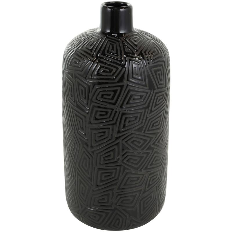 Black Ceramic Vase with Geometric Etchings