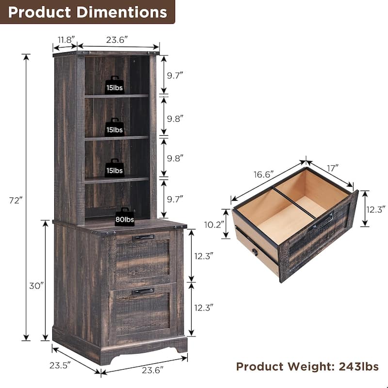 72" Tall Farmhouse Bookcase, Rustic Wood Bookshlef for Home Office