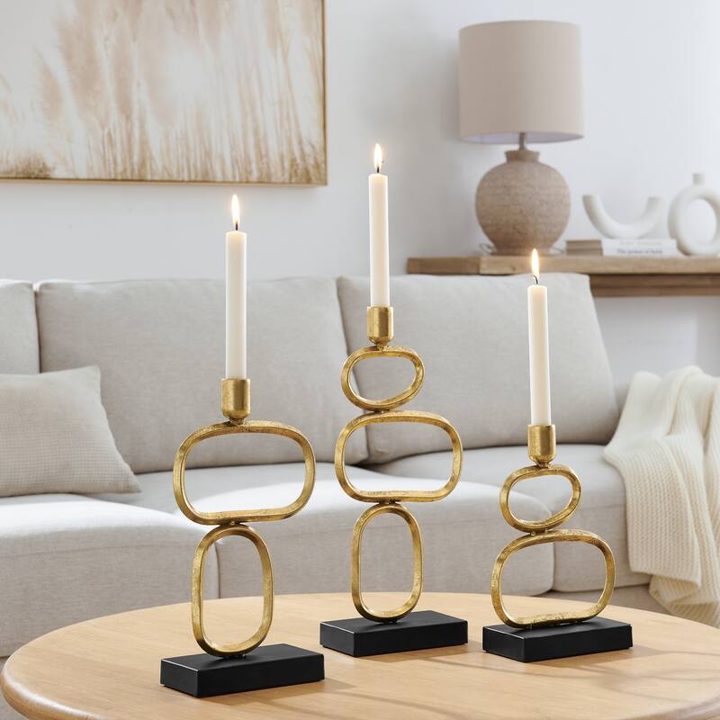 Geometric Taper Candlestick Candle Holders - 15" - Gold and Black - Set of 3