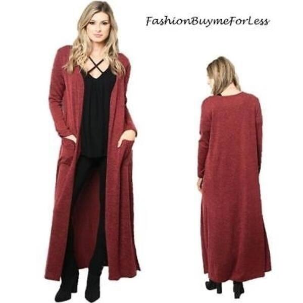 Shop Haute Boho Burgundy Open Front Full Length Knit Maxi Sweater