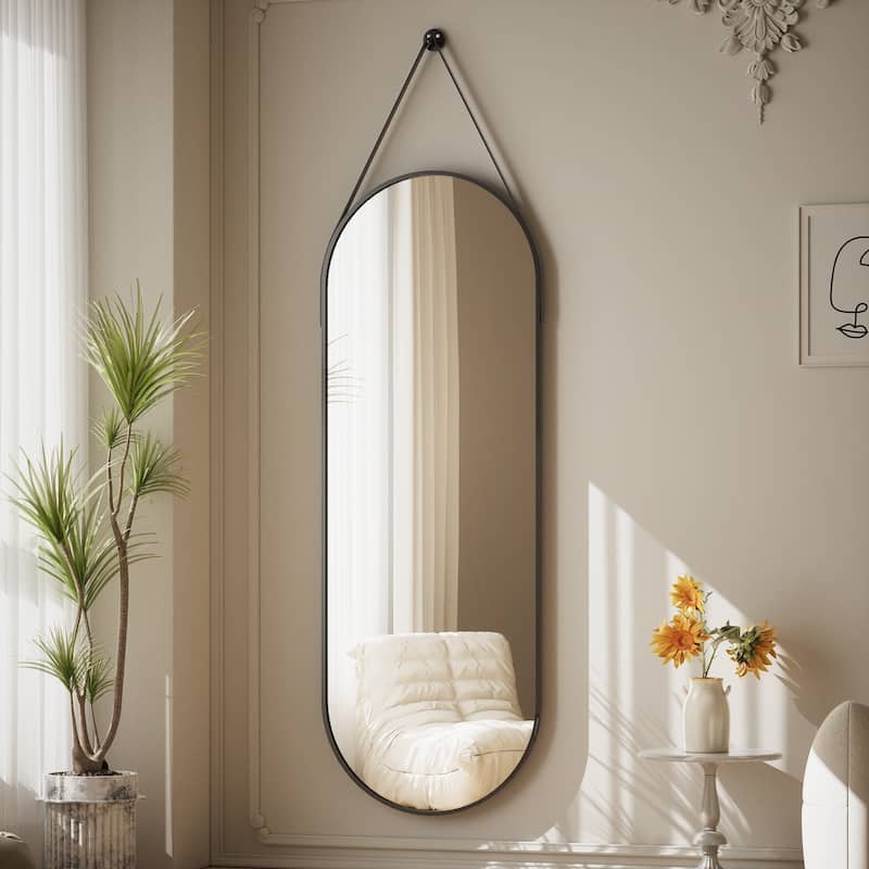 48 x 16 Full Length Hanging Wall Mirror with Leather Strap - Oval - Black