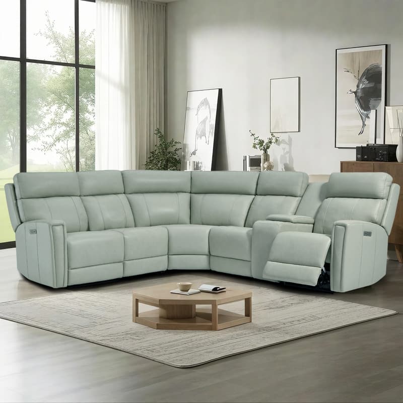 104" W Genuine Leather Power Recliner Sectional Sofa with Zero Gravity, Ajustable Headrest, USB Ports & Console - Green