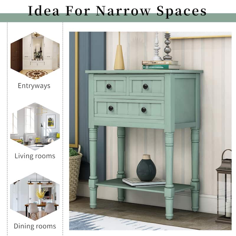 Living Room Narrow Console Table, Classic Solid Wood Entryway Sofa Table with 3 Drawers and Open Shelf, Easy Assembly