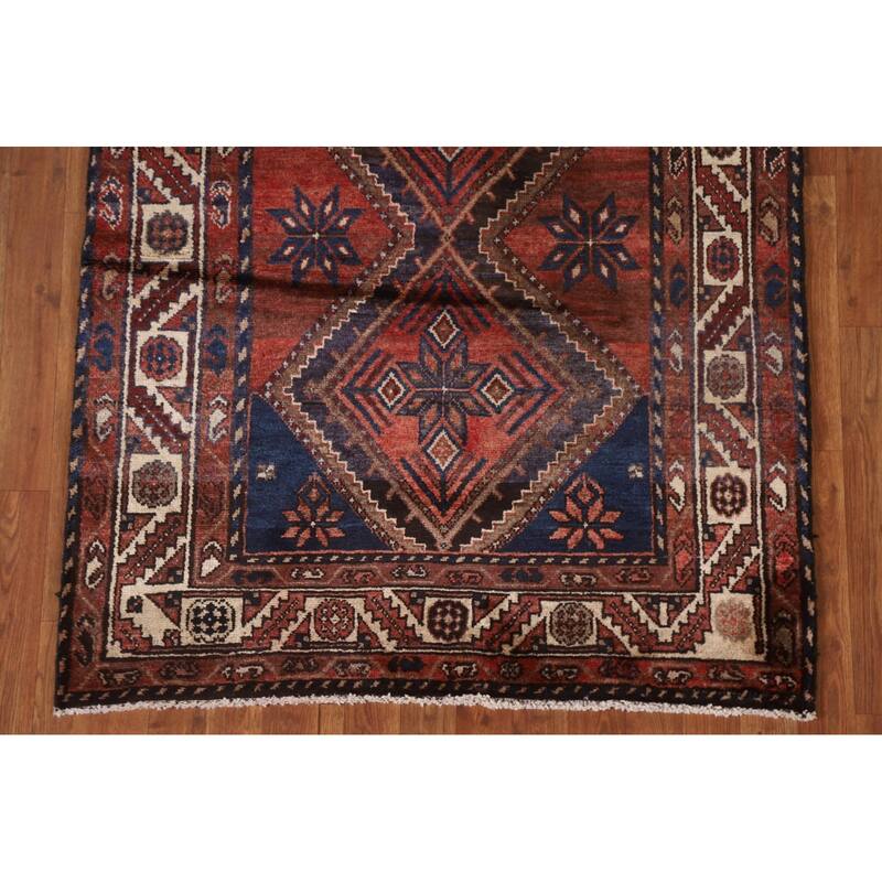 Hand Knotted Oriental 100% Wool Carpet Traditional Geometric Red Hamedan Runner Rug - 9' 10'' X 3' 8''