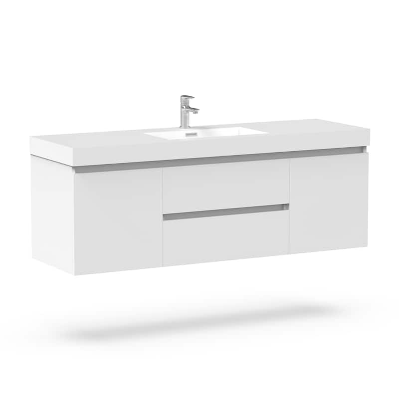 Vanity Art 48-Inch Single Sink Wall-Hung Bathroom Vanity Set White Stone Top Glossy Finish 2 Drawers 4 shelves