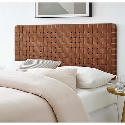 Ditmas Solid Wooden Brown Leather Basket Weaved Floating Full Size Headboard