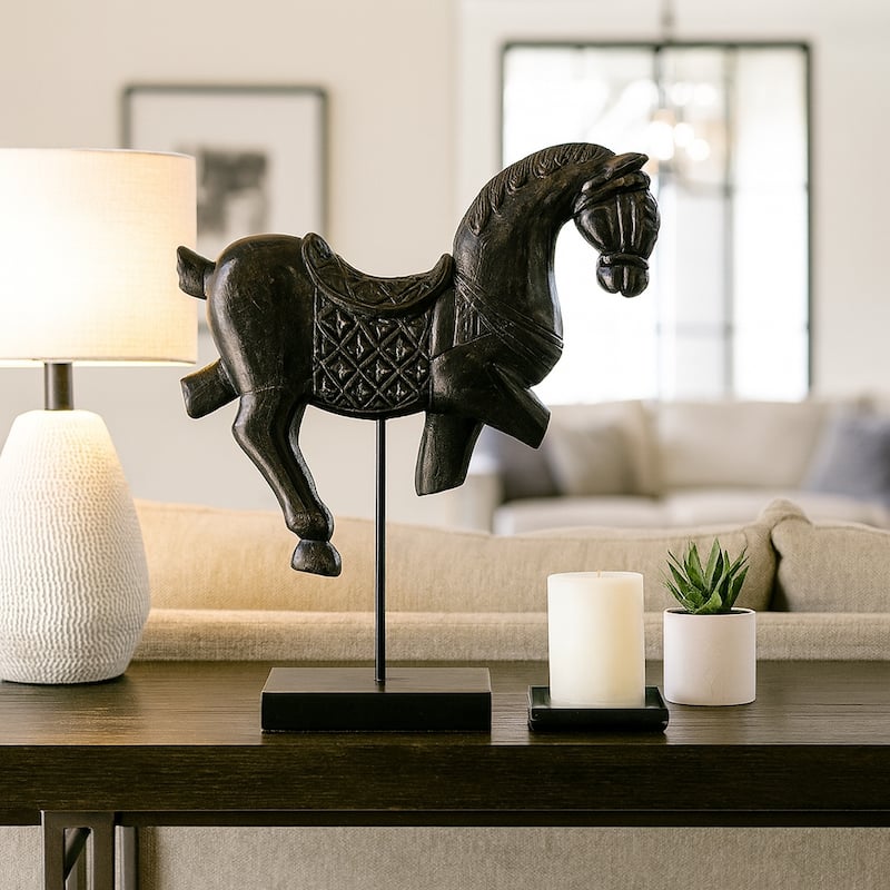 Wood Carved Horse Figurine Sculpture Statue Home Decor - 19" Black - 16" x 4.5" x 19" - Black - 16" x 4.5" x 19"