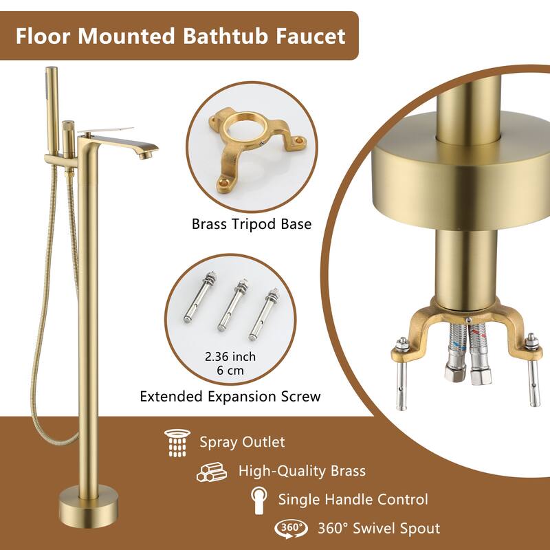 Bathtub Faucet, Floor Mount Free Standing Bathtub Faucet Tub Filler w/ Handheld Shower
