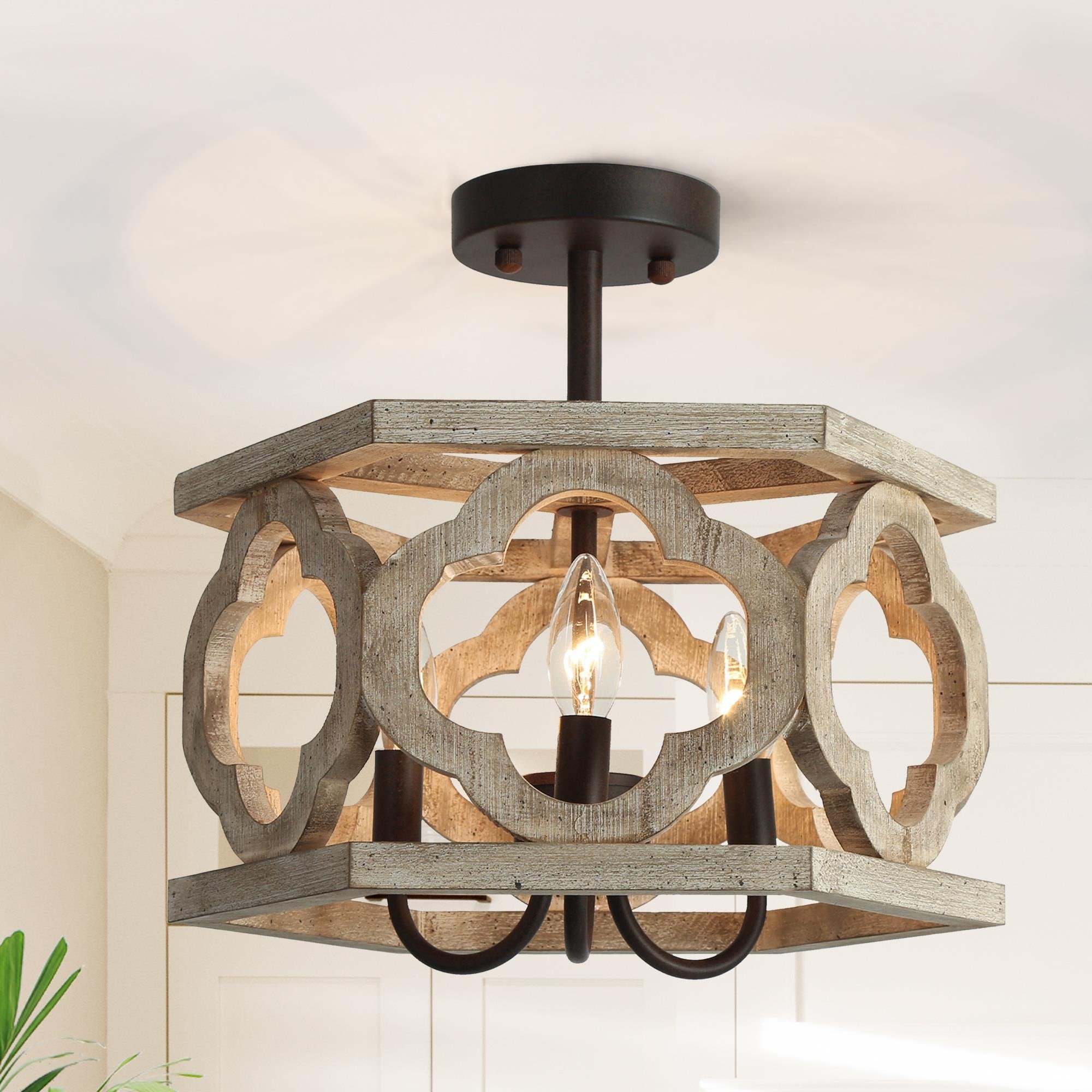Farmhouse Wood 3-Light Semi-Flush Mount Rustic Drum Ceiling Light - 14" D x 9" H