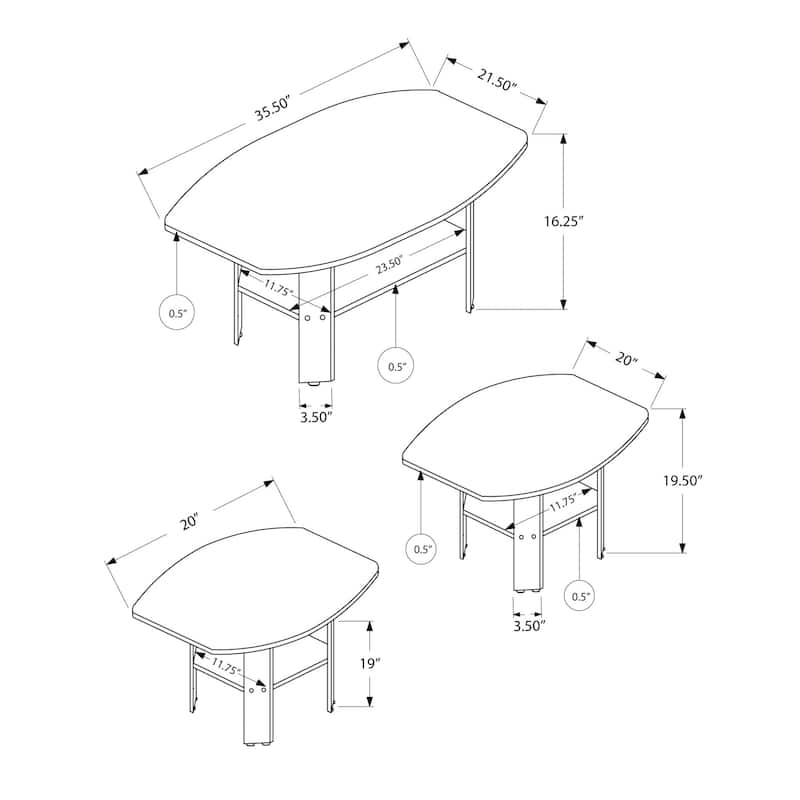 Set of 3 Rectangular Coffee Tables with 3 Shelves for Living Room Storage - 35.50” x 21.50” x 16.25”