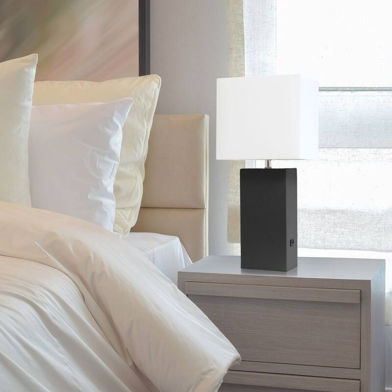 Modern Leather Table Lamp with USB and White Fabric Shade