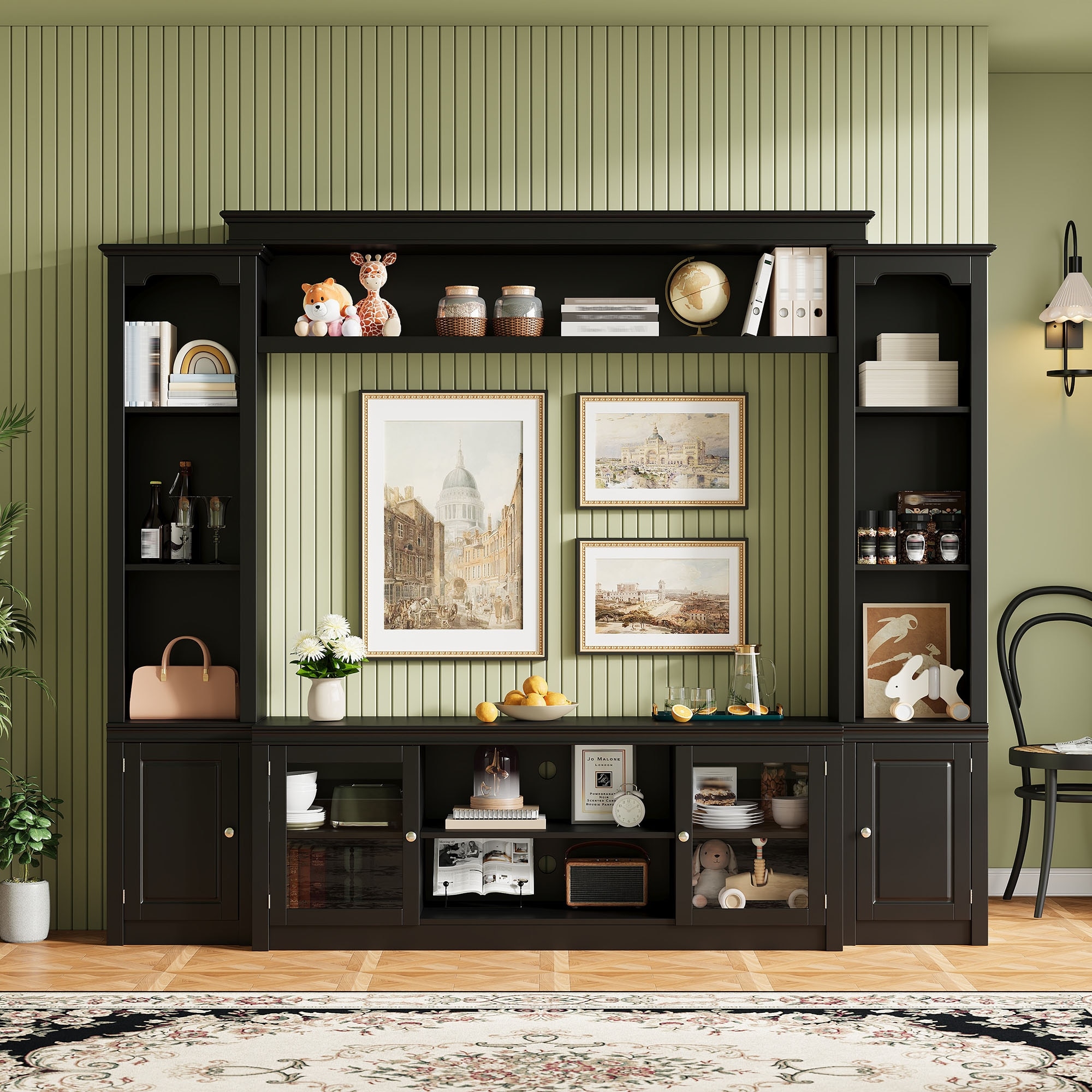 95.28'' Entertainment Center Modern TV Stand with Bookcase for TVs Up to 65'' with 4 Adjustable Shelves,Tempered Glass Doors