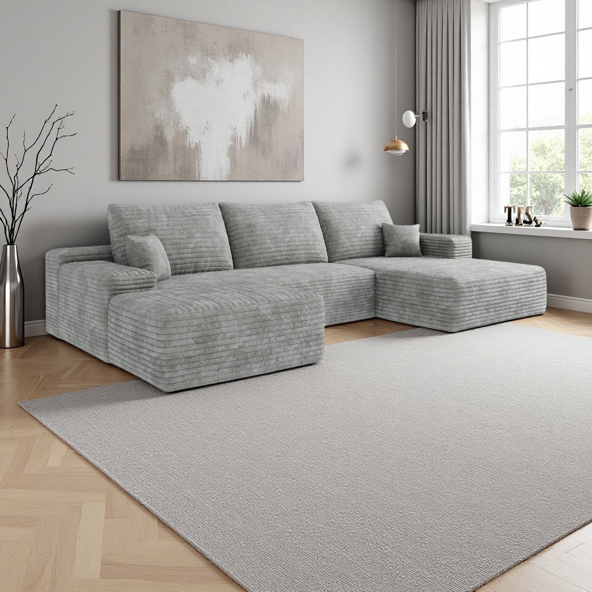 107" Plush Corduroy U-Shaped 4-Seater Sectional Sofa with Ottoman