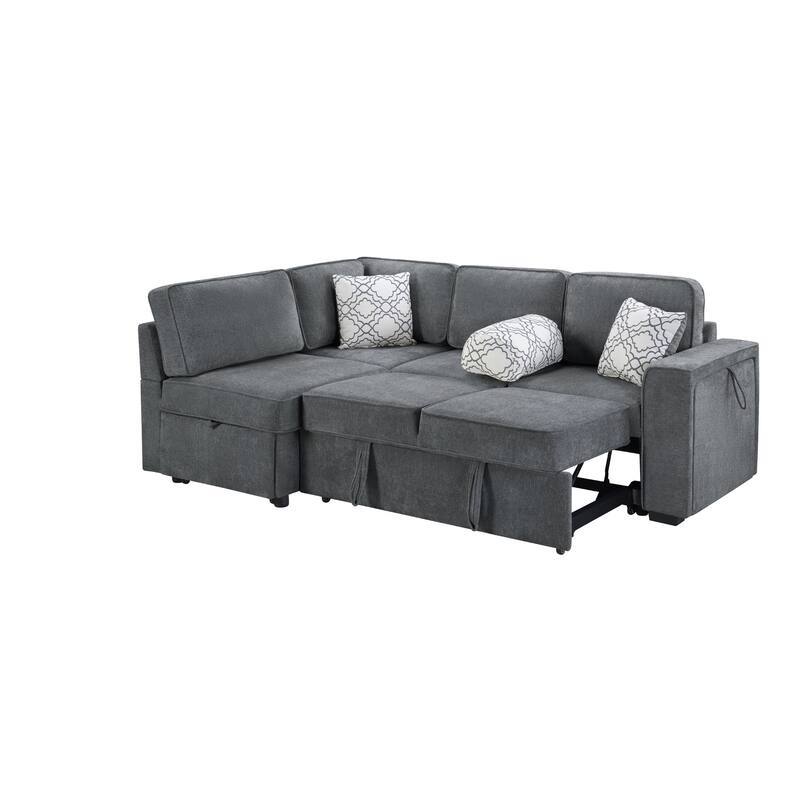 L-Shaped Sectional Sofa Convertible Sofa Bed with Dual Pull-Out Sleepers Sofa, Flip-Top Table, USB Ports, Cup Holder and Storage
