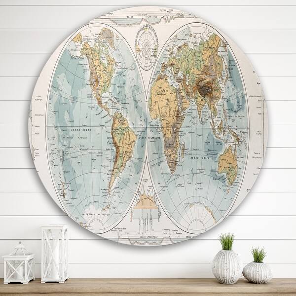 Designart 'Ancient Map of The World II' Rustic Metal Circle Wall Art ...