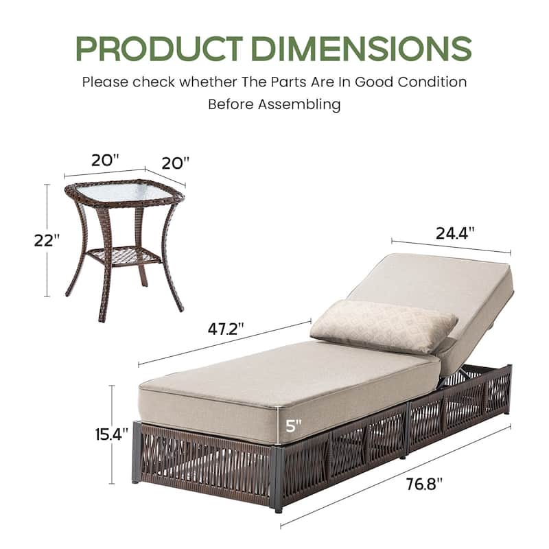 ArcoBay 3-Piece Brown Wicker Outdoor Patio Chaise Lounge with 5-Inch Thick Cushions and Side Table