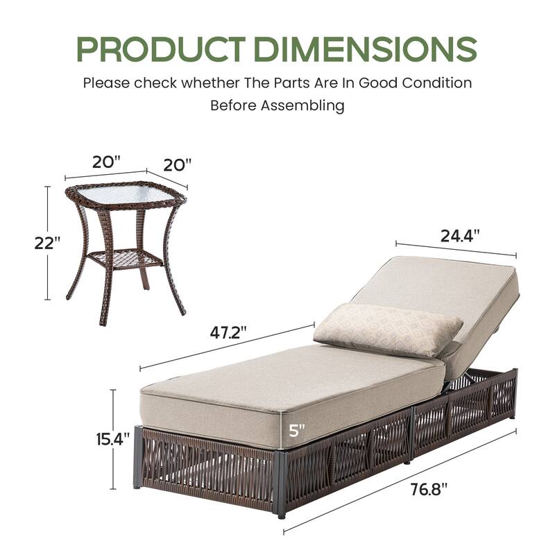 ArcoBay 6-Piece Brown Wicker Outdoor Patio Chaise Lounge with 5-Inch Thick Cushions and Side Table