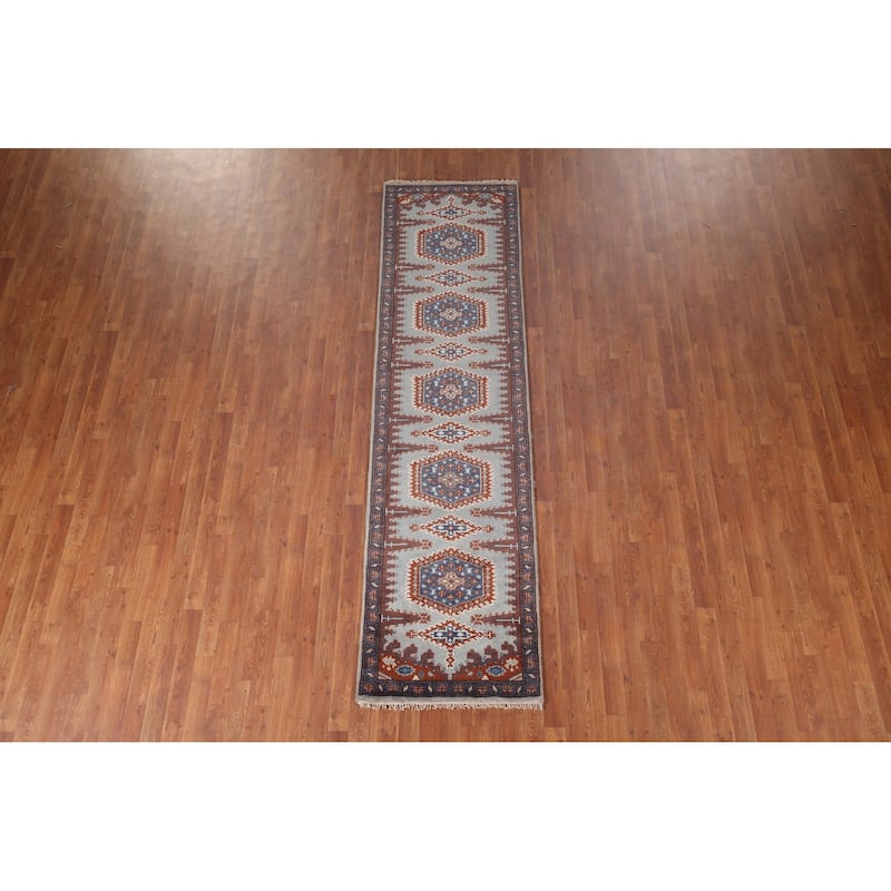 Geometric Viss Indian Runner Rug Hand-Knotted Wool Carpet - 2'6"x 9'7"