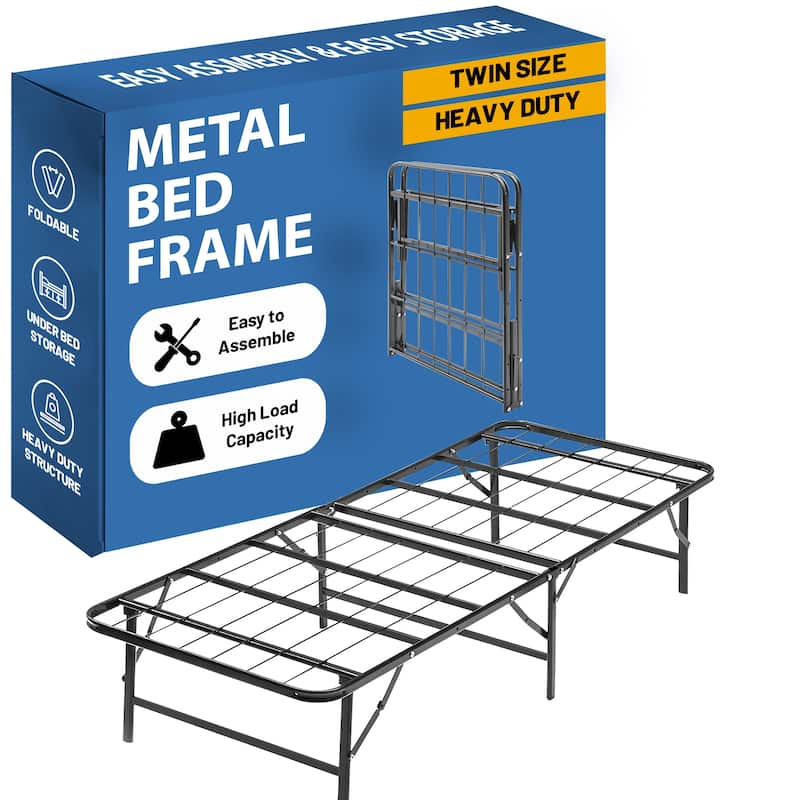 14-Inch Foldable Metal Platform Bed Frame with Tool Free Setup, Sturdy Steel, No Box Spring Needed - Twin
