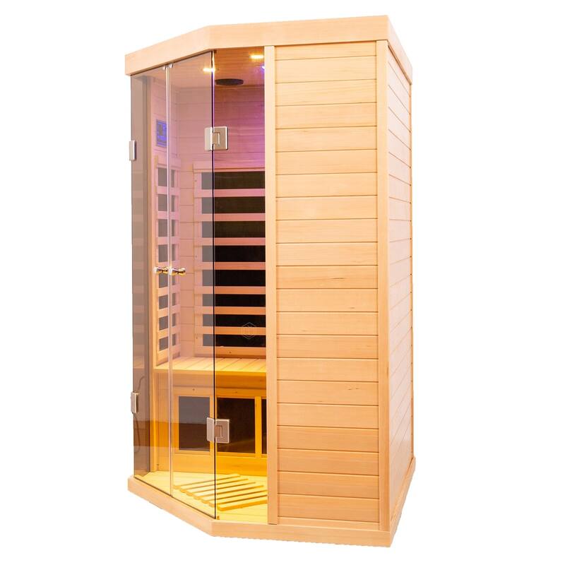 2-Person Corner Sauna with LCD Display, Touch Control, APP Control, Bluetooth and LED reading lights - 47" x 26" x 76"