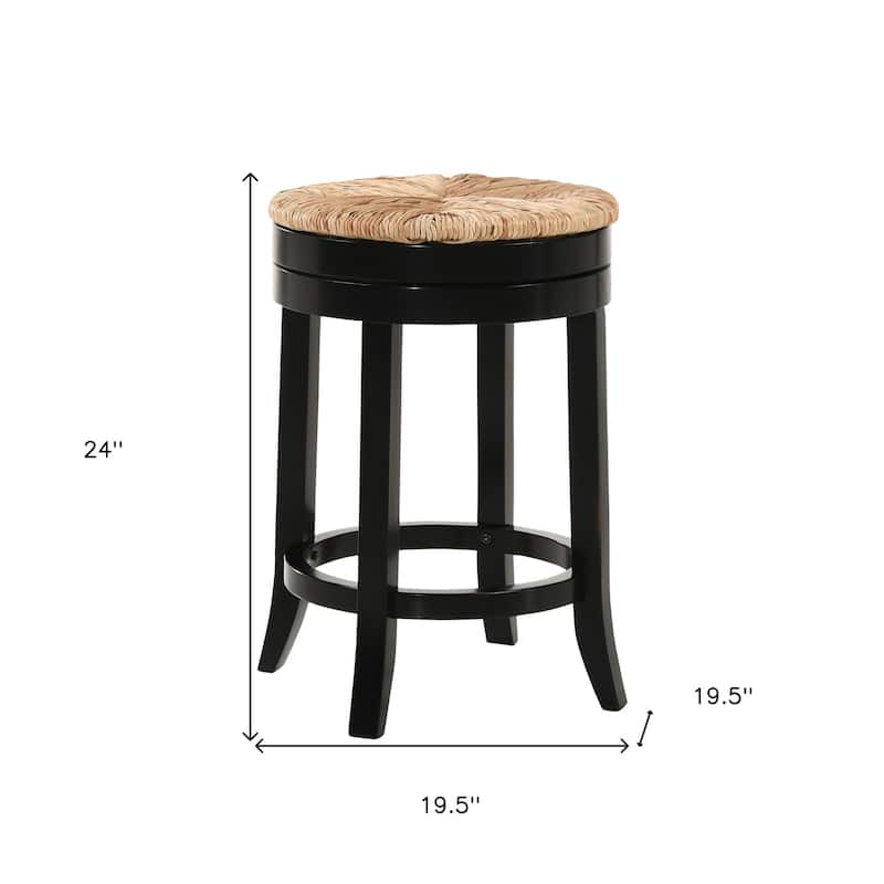 HomeRoots 24" Natural and Black Rush and Solid Wood Backless Counter Height Swivel Bar Chair