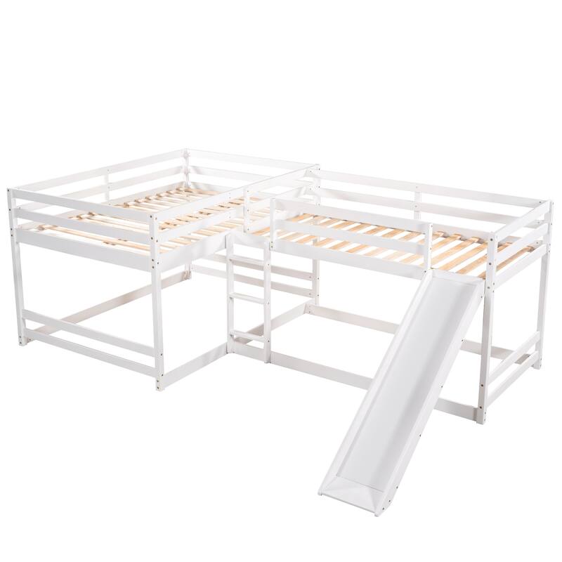 L Shaped Bunk Bed for 4, Full and Twin Size L-Shaped Bunk Bed w/Slide and Short Ladder, Solid Wood Bunk Bed Frame for Kids Teens