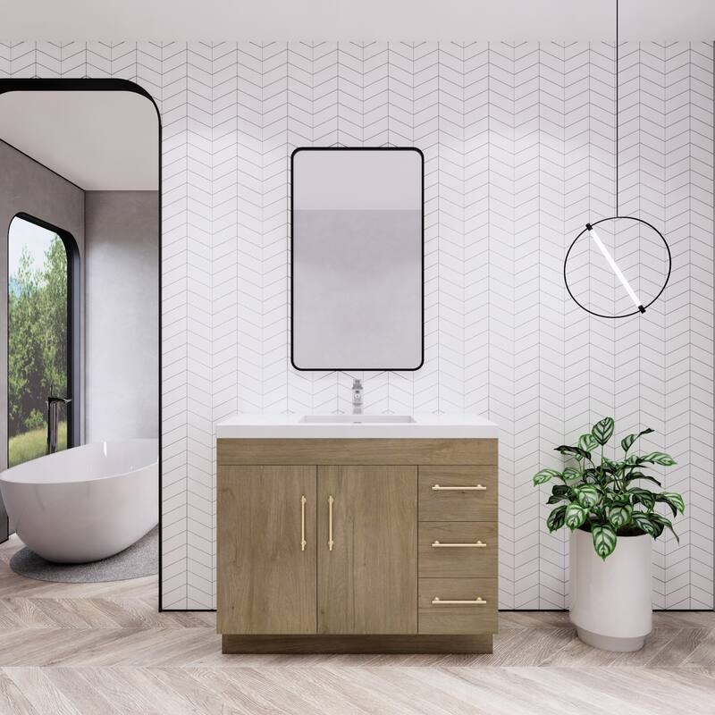 Eliza 42'' Freestanding Vanity (Right Drawers) with Single Sink - 42'' Width With Right Drawers - White Oak