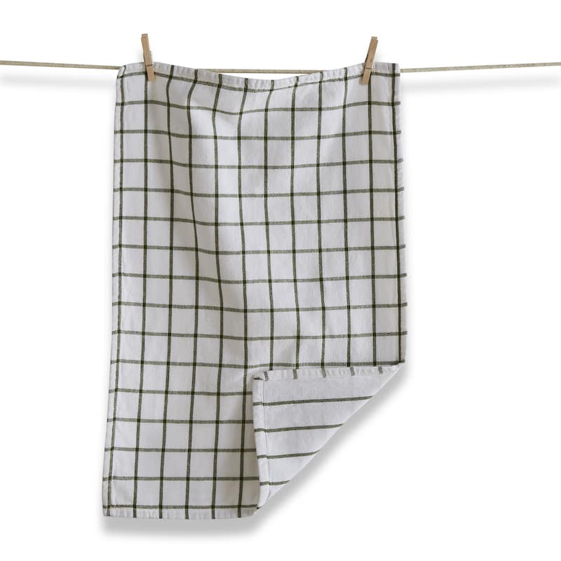 Classic Reversible Double Cloth Olive Green Windowpane Cotton Machine Washable Kitchen Dishtowel 26L x 18W in.