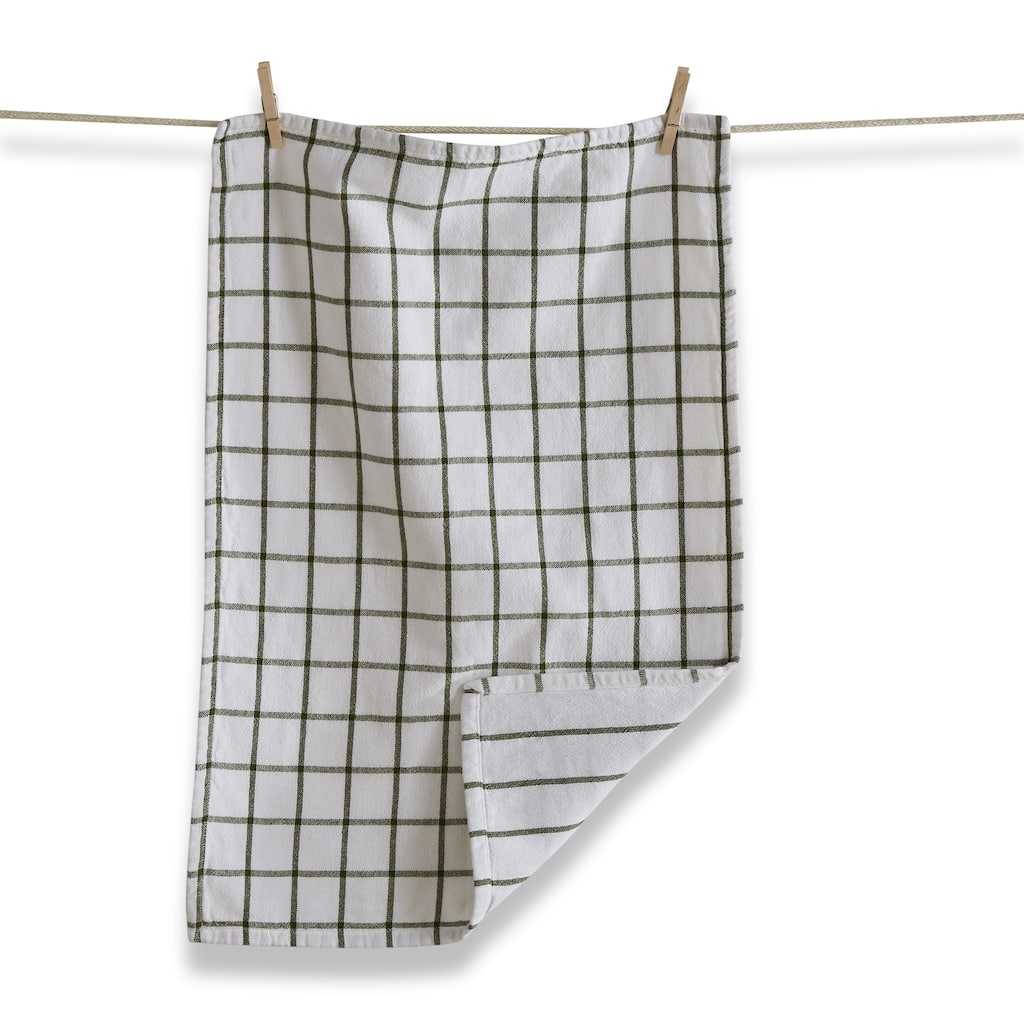 Classic Reversible Double Cloth Olive Green Windowpane Cotton Machine Washable Kitchen Dishtowel 26L x 18W in.