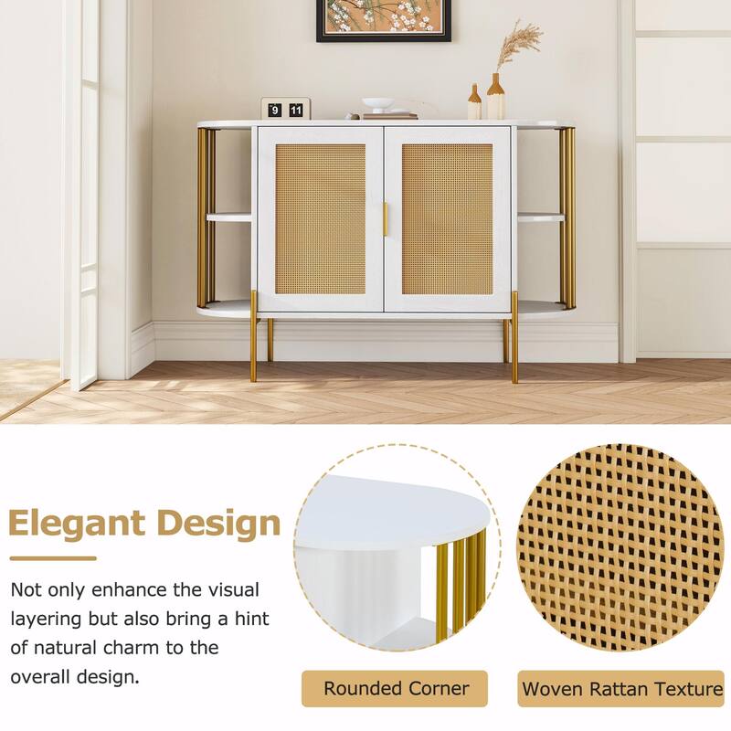 2-Door Curved Dining Cabinet - Elegant with Gold Trim and Woven Rattan Doors