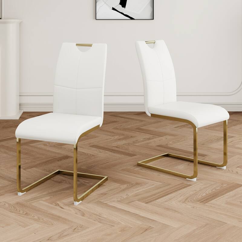 Modern Set of 2 Dining Chairs with Leather Cushioned Seat, Chrome Metal Legs, for Dining Room, Living Room, and Bedroom