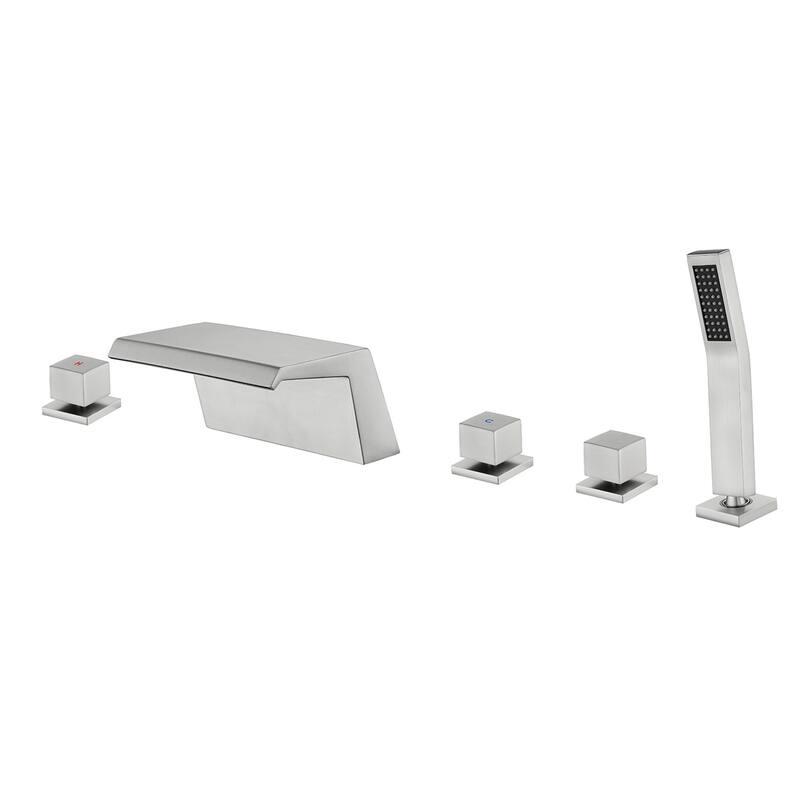 Deck Mount Tub Faucet With Hand Shower Brass Roman Bathtub Faucet Modern Waterfall Tub Filler With Handheld Showe - Brushed Nickel