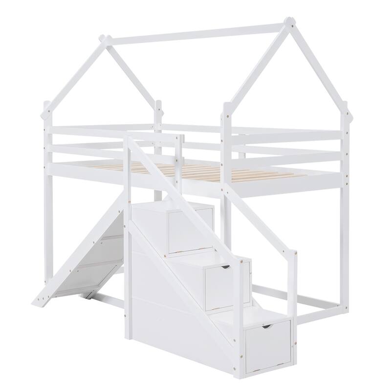 House-Themed Twin Bunk Bed with Climbing Net, Slide, and Storage Staircase