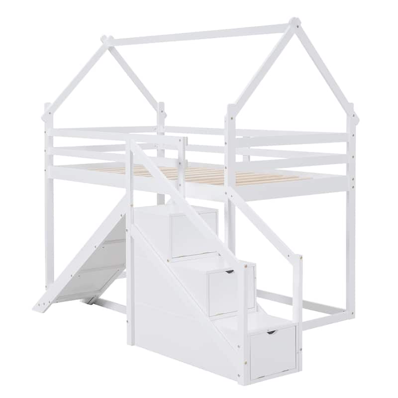 Kids Twin Size House Bunk Bed w/ Slide & Stairs Storage, Loftbed Playhouse