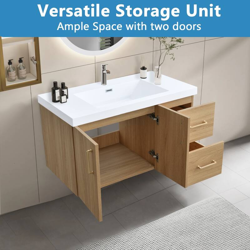 AlbyonD 24" 30" 36" Floating Bathroom Vanity with Sink and Faucet, Natural Oak