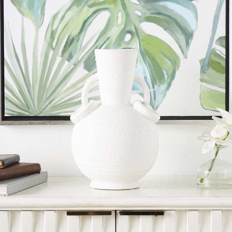 Ceramic Textured Decorative Vase with Ring Handles - Cream - Roche River Decor