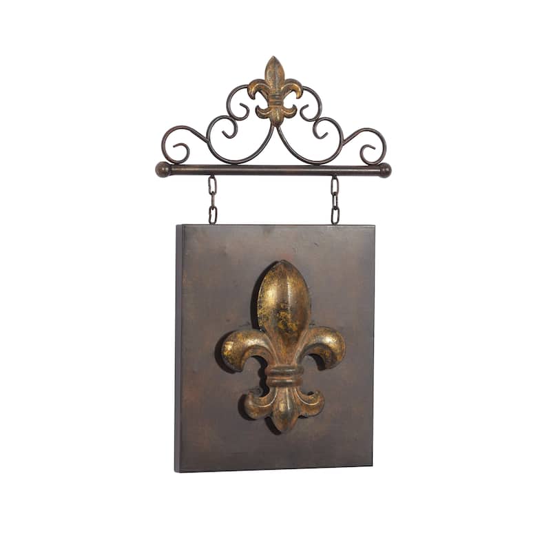 Metal Fleur De Lis Suspended Home Wall Decor with Scrollwork Hanger - Bronze - Roche River Decor